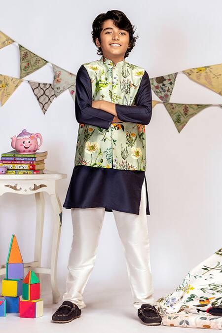 Buy PS Kids By Payal Singhal Blue Cotton, Silk Embroidery Floral Print Bundi And Kurta Set Online at Aza Fashions Buy_PS Kids By Payal Singhal_Blue Cotton, Silk Embroidery Floral Print Bundi And Kurta Set_Online_at_Aza_Fashions