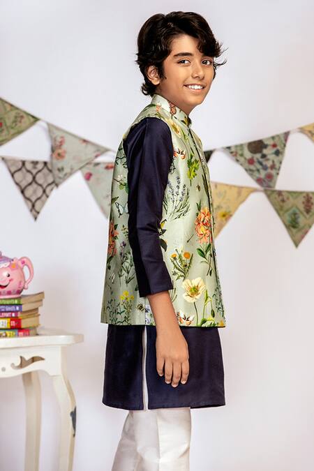 Shop PS Kids By Payal Singhal Blue Cotton, Silk Embroidery Floral Print Bundi And Kurta Set Online at Aza Fashions Shop_PS Kids By Payal Singhal_Blue Cotton, Silk Embroidery Floral Print Bundi And Kurta Set_Online_at_Aza_Fashions