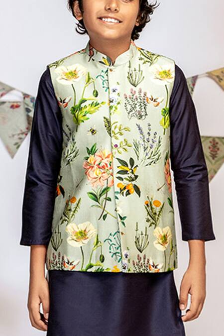 PS Kids By Payal Singhal Blue Cotton, Silk Embroidery Floral Print Bundi And Kurta Set at Aza Fashions PS Kids By Payal Singhal_Blue Cotton, Silk Embroidery Floral Print Bundi And Kurta Set_at_Aza_Fashions