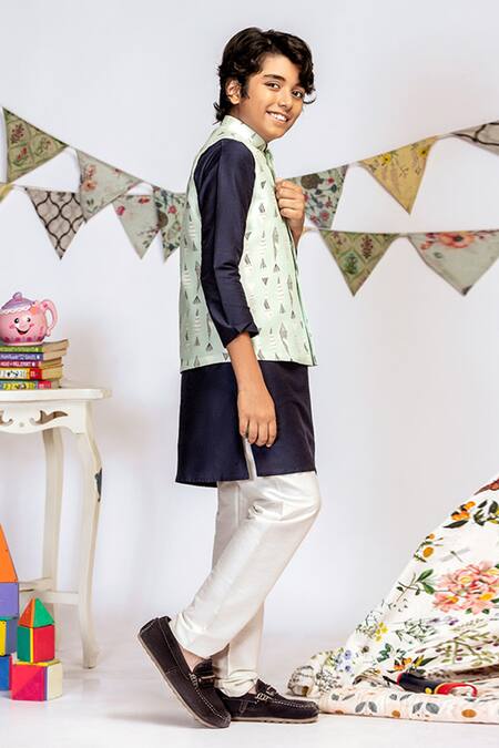 PS Kids By Payal Singhal_Blue Cotton, Silk Abstract Print Bundi And Kurta Set _Online_at_Aza_Fashions