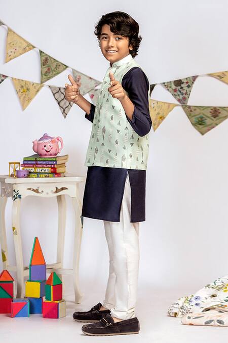 Buy_PS Kids By Payal Singhal_Blue Cotton, Silk Abstract Print Bundi And Kurta Set _Online_at_Aza_Fashions