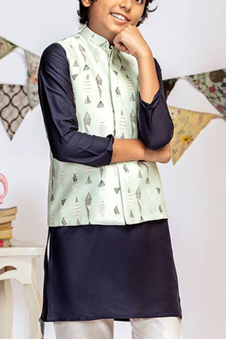 Shop_PS Kids By Payal Singhal_Blue Cotton, Silk Abstract Print Bundi And Kurta Set _Online_at_Aza_Fashions