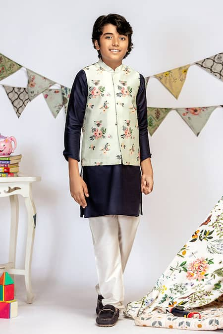 PS Kids by Payal Singhal Blue Cotton Silk Floral Bundi And Kurta Set 