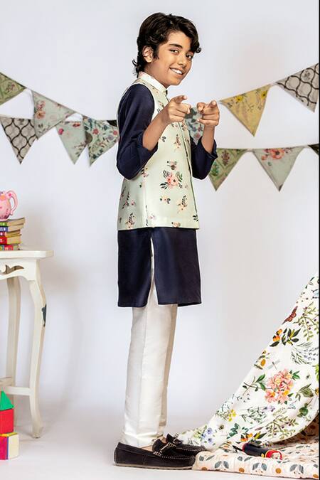 PS Kids By Payal Singhal_Blue Cotton, Silk Embroidery Floral Print Bundi And Kurta Set_Online_at_Aza_Fashions
