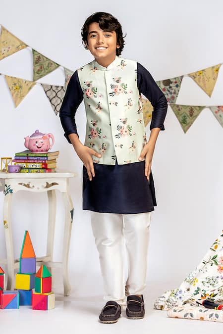 Buy_PS Kids By Payal Singhal_Blue Cotton, Silk Embroidery Floral Print Bundi And Kurta Set_Online_at_Aza_Fashions