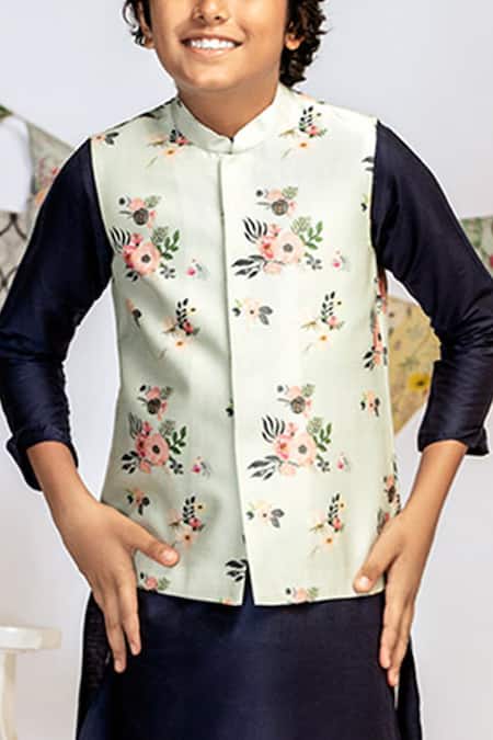 Shop_PS Kids By Payal Singhal_Blue Cotton, Silk Embroidery Floral Print Bundi And Kurta Set_Online_at_Aza_Fashions