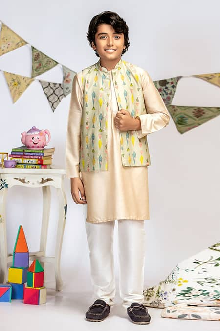 PS Kids by Payal Singhal Cotton Silk Printed Bundi & Kurta Set 