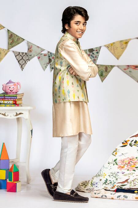 PS Kids By Payal Singhal_Green Cotton, Silk Abstract Print Bundi And Kurta Set _Online_at_Aza_Fashions
