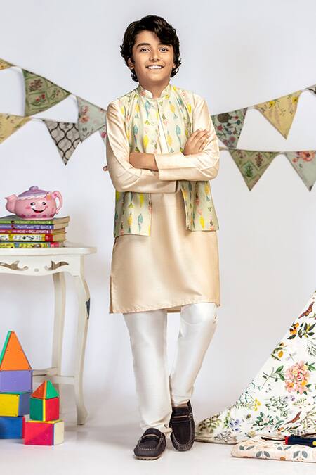 Buy_PS Kids By Payal Singhal_Green Cotton, Silk Abstract Print Bundi And Kurta Set _Online_at_Aza_Fashions