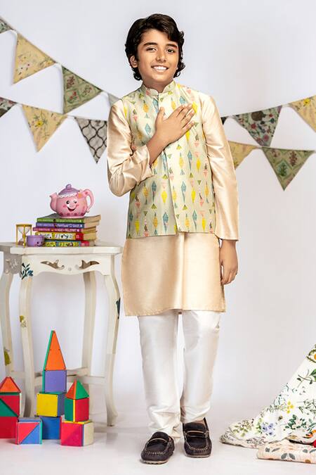 Shop_PS Kids By Payal Singhal_Green Cotton, Silk Abstract Print Bundi And Kurta Set _Online_at_Aza_Fashions