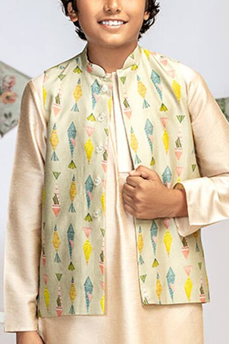 PS Kids By Payal Singhal_Green Cotton, Silk Abstract Print Bundi And Kurta Set _at_Aza_Fashions
