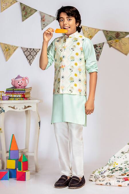 Buy_PS Kids By Payal Singhal_Cream Cotton, Silk Embroidery Floral Print Bundi And Kurta Set _Online_at_Aza_Fashions