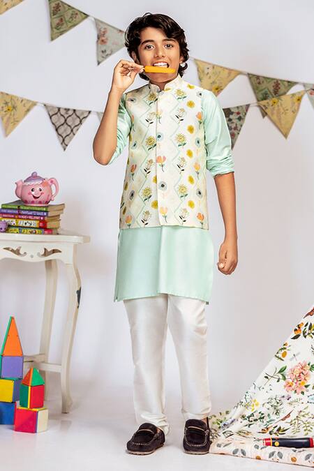 Shop_PS Kids By Payal Singhal_Cream Cotton, Silk Embroidery Floral Print Bundi And Kurta Set _Online_at_Aza_Fashions