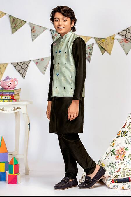 PS Kids By Payal Singhal_Green Cotton, Silk Embroidery Floral Print Bundi And Kurta Set _Online_at_Aza_Fashions