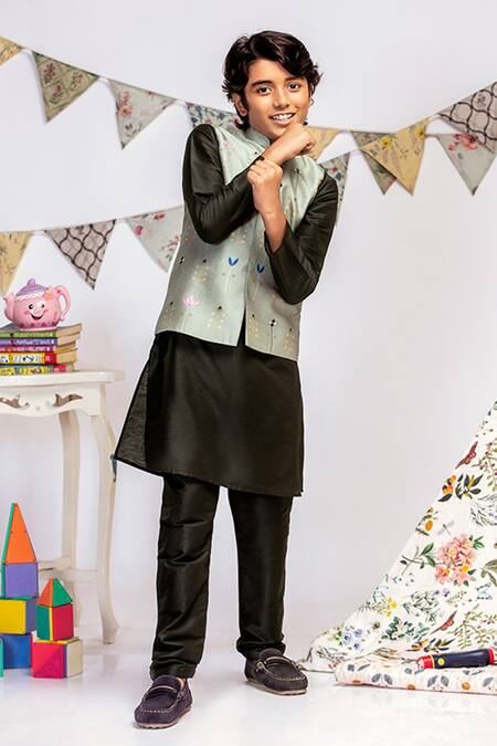 Buy_PS Kids By Payal Singhal_Green Cotton, Silk Embroidery Floral Print Bundi And Kurta Set _Online_at_Aza_Fashions