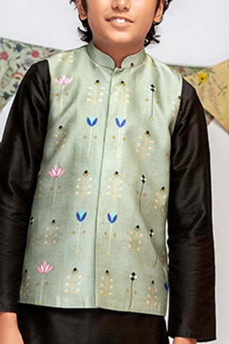 Shop_PS Kids By Payal Singhal_Green Cotton, Silk Embroidery Floral Print Bundi And Kurta Set _Online_at_Aza_Fashions