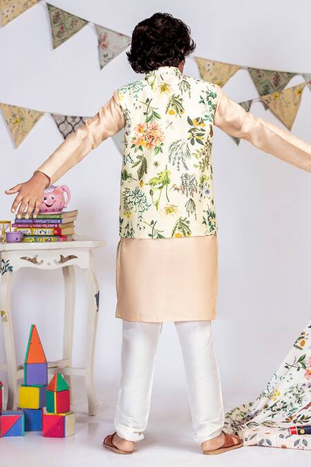 Shop PS Kids By Payal Singhal Blush Cotton, Silk Embroidery Floral Print Kurta Set at Aza Fashions Shop_PS Kids By Payal Singhal_Blush Cotton, Silk Embroidery Floral Print Kurta Set_at_Aza_Fashions
