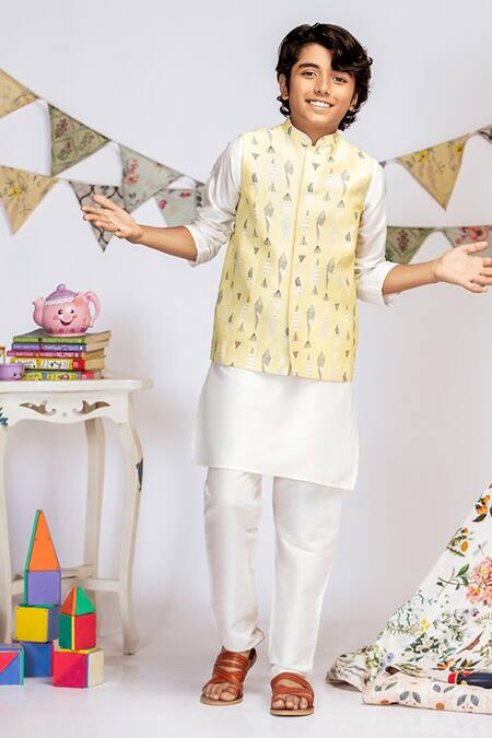 PS Kids By Payal Singhal_Yellow Cotton, Silk Printed Bundi And Kurta Set_Online_at_Aza_Fashions