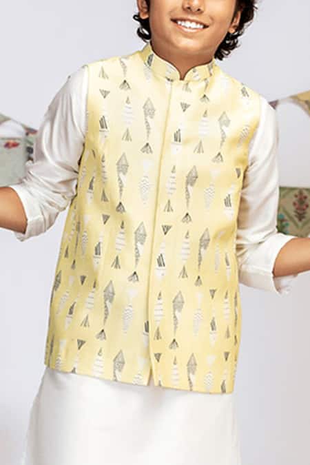 Buy_PS Kids By Payal Singhal_Yellow Cotton, Silk Printed Bundi And Kurta Set_Online_at_Aza_Fashions