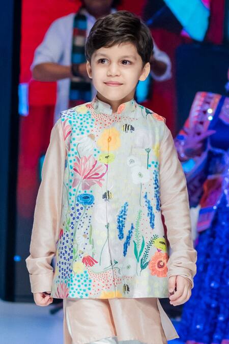 Shop PS Kids By Payal Singhal Pink Silk, Cotton Embroidery Floral Print Bundi And Kurta Set at Aza Fashions Shop_PS Kids By Payal Singhal_Pink Silk, Cotton Embroidery Floral Print Bundi And Kurta Set_at_Aza_Fashions