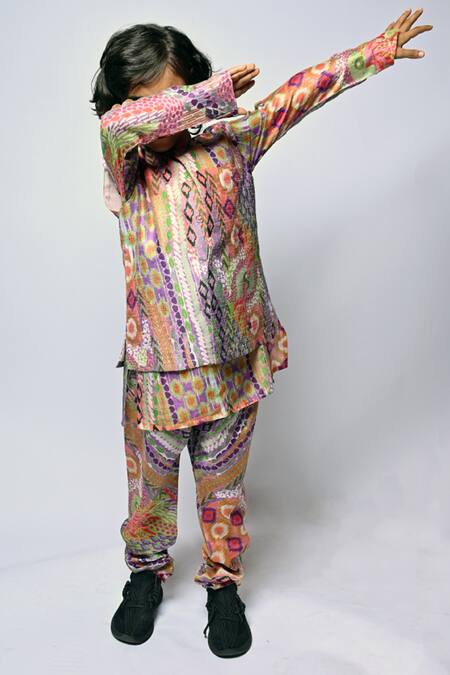 PS Kids By Payal Singhal_Multi Color Silk Multicolor African Print Bundi And Kurta Set_Online_at_Aza_Fashions