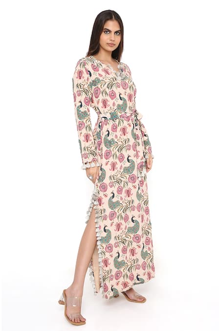 Payal Singhal_Beige Crepe Peacock V Neck Kaftan_Online_at_Aza_Fashions