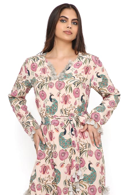 Buy_Payal Singhal_Beige Crepe Peacock V Neck Kaftan_Online_at_Aza_Fashions