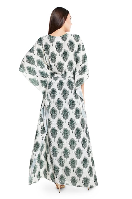 Shop_PS Pret By Payal Singhal_Beige Art Crepe Leaf Motifs Notched Print Kaftan _at_Aza_Fashions