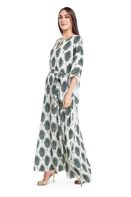 PS Pret By Payal Singhal_Beige Art Crepe Leaf Motifs Notched Print Kaftan _Online_at_Aza_Fashions