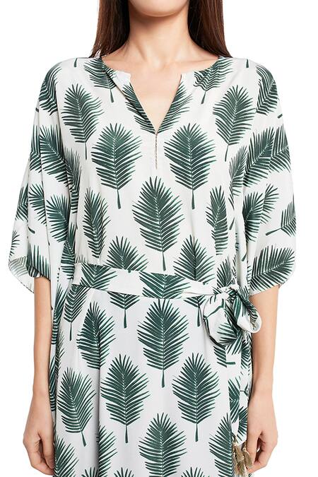 Buy_PS Pret By Payal Singhal_Beige Art Crepe Leaf Motifs Notched Print Kaftan _Online_at_Aza_Fashions