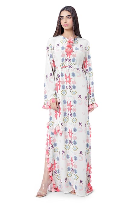 PS Pret By Payal Singhal White Crepe Printed Ikat Star Motif Round Kaftan 