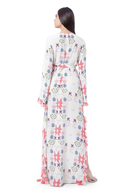 Shop PS Pret By Payal Singhal White Crepe Printed Ikat Star Motif Round Kaftan at Aza Fashions Shop_PS Pret By Payal Singhal_White Crepe Printed Ikat Star Motif Round Kaftan _at_Aza_Fashions