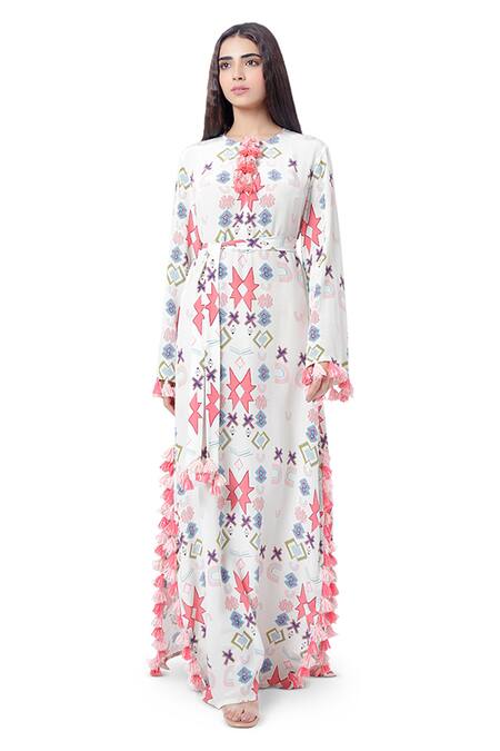PS Pret By Payal Singhal White Crepe Printed Ikat Star Motif Round Kaftan Online at Aza Fashions PS Pret By Payal Singhal_White Crepe Printed Ikat Star Motif Round Kaftan _Online_at_Aza_Fashions