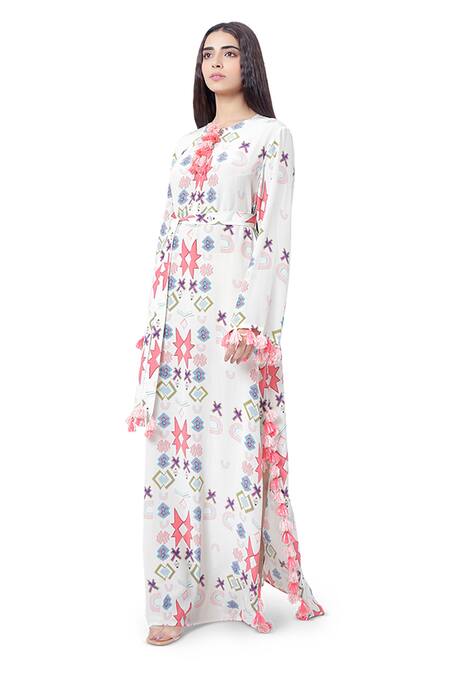 Buy PS Pret By Payal Singhal White Crepe Printed Ikat Star Motif Round Kaftan Online at Aza Fashions Buy_PS Pret By Payal Singhal_White Crepe Printed Ikat Star Motif Round Kaftan _Online_at_Aza_Fashions