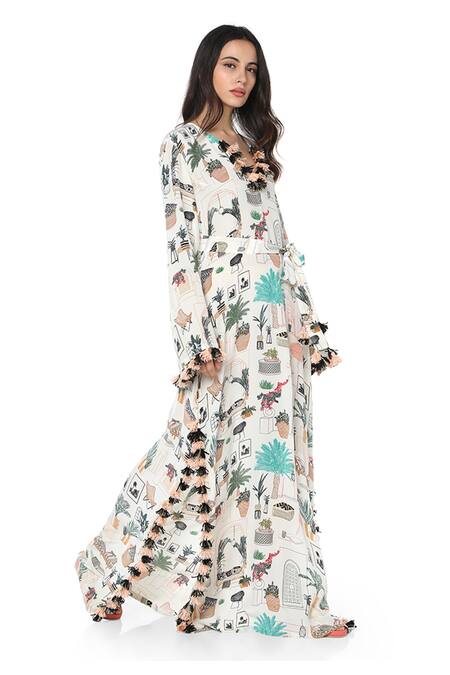 PS Pret By Payal Singhal_White Art Crepe Morocco Motifs V Neck Print Kaftan_Online_at_Aza_Fashions