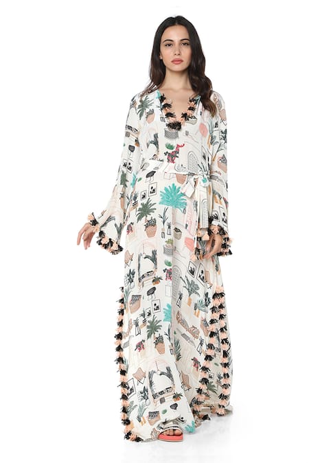 Buy_PS Pret By Payal Singhal_White Art Crepe Morocco Motifs V Neck Print Kaftan_Online_at_Aza_Fashions