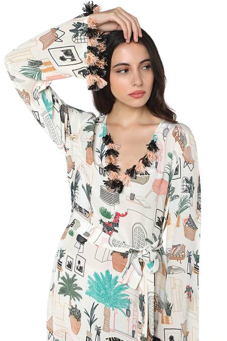 Shop_PS Pret By Payal Singhal_White Art Crepe Morocco Motifs V Neck Print Kaftan_Online_at_Aza_Fashions