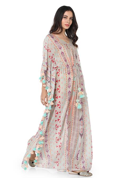 PS Pret By Payal Singhal Grey Silkmul Ikat Motifs V Neck Stripe Print Kaftan Online at Aza Fashions PS Pret By Payal Singhal_Grey Silkmul Ikat Motifs V Neck Stripe Print Kaftan _Online_at_Aza_Fashions