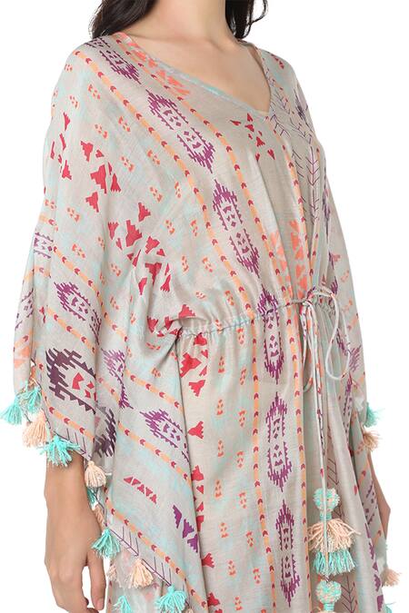 Buy PS Pret By Payal Singhal Grey Silkmul Ikat Motifs V Neck Stripe Print Kaftan Online at Aza Fashions Buy_PS Pret By Payal Singhal_Grey Silkmul Ikat Motifs V Neck Stripe Print Kaftan _Online_at_Aza_Fashions