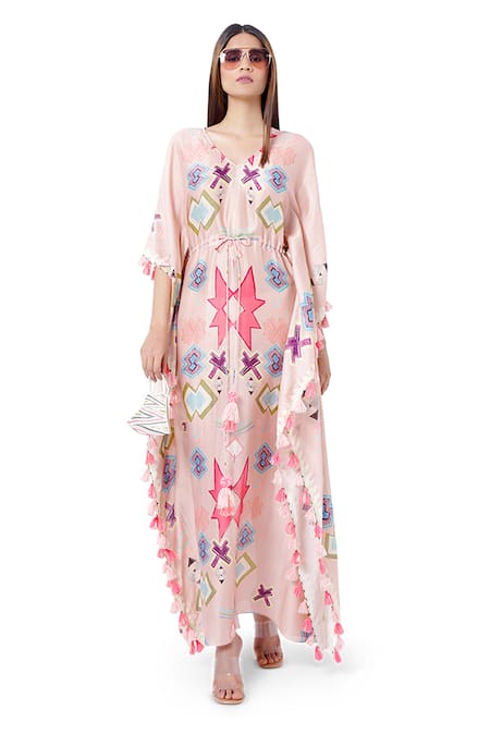 PS Pret By Payal Singhal_Pink Silkmul Ikat Star Motifs V Neck Print Kaftan_Online_at_Aza_Fashions