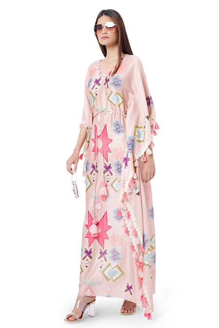 Buy_PS Pret By Payal Singhal_Pink Silkmul Ikat Star Motifs V Neck Print Kaftan_Online_at_Aza_Fashions