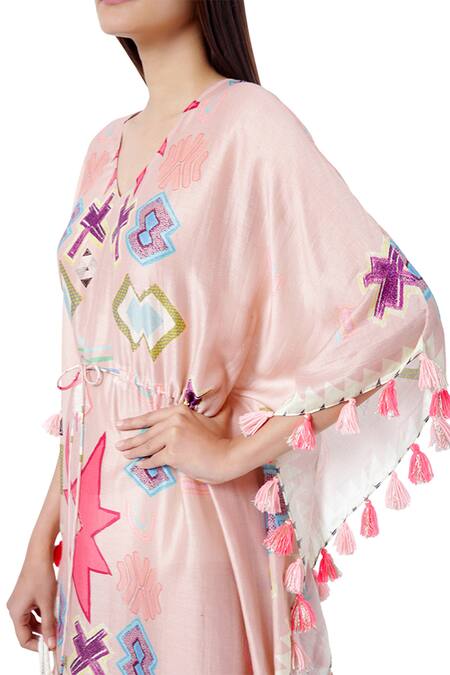 Shop_PS Pret By Payal Singhal_Pink Silkmul Ikat Star Motifs V Neck Print Kaftan_Online_at_Aza_Fashions