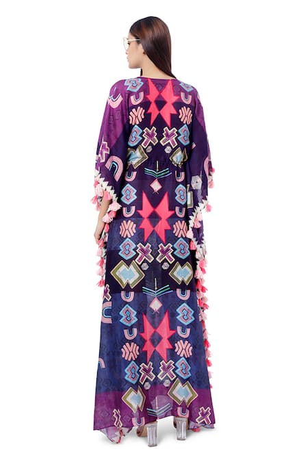 Shop_PS Pret by Payal Singhal_Purple Silkmul Ikat Star Motifs V Neck Printed Kaftan _at_Aza_Fashions