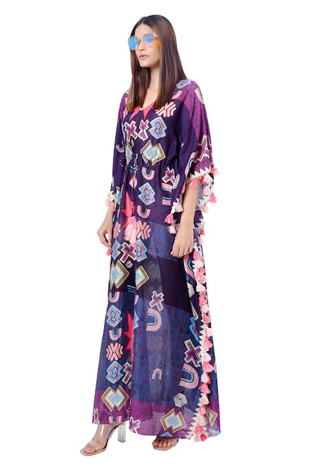 PS Pret by Payal Singhal_Purple Silkmul Ikat Star Motifs V Neck Printed Kaftan _Online_at_Aza_Fashions