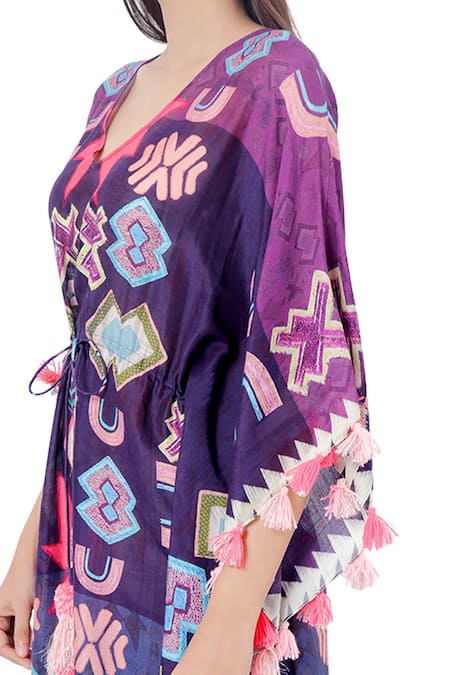 Buy_PS Pret by Payal Singhal_Purple Silkmul Ikat Star Motifs V Neck Printed Kaftan _Online_at_Aza_Fashions