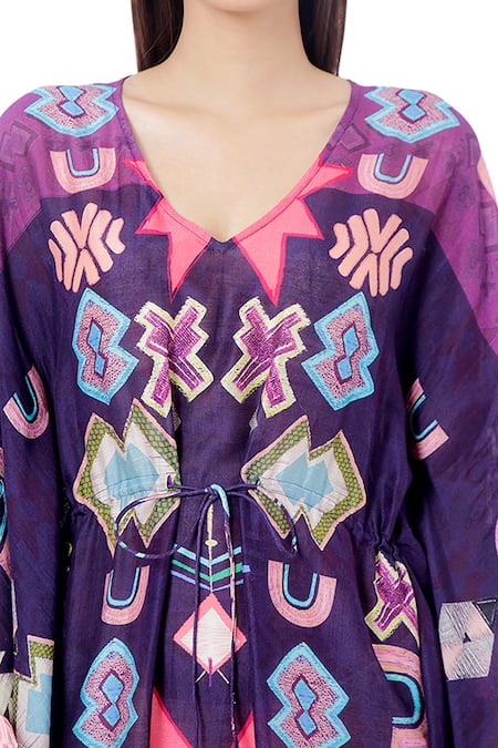 Shop_PS Pret by Payal Singhal_Purple Silkmul Ikat Star Motifs V Neck Printed Kaftan _Online_at_Aza_Fashions