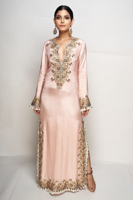 Payal Singhal_Pink Silk Plunge Neck Embroidered Kaftan _Online_at_Aza_Fashions