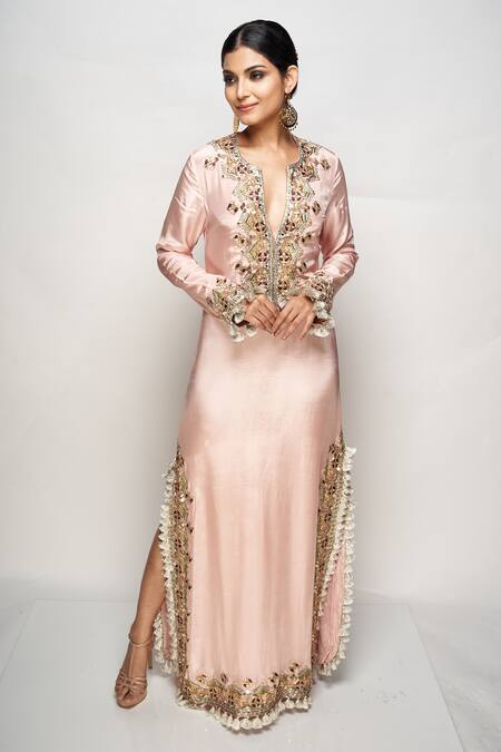 Buy_Payal Singhal_Pink Silk Plunge Neck Embroidered Kaftan _Online_at_Aza_Fashions