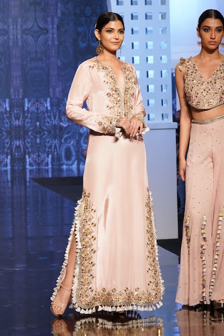 Shop_Payal Singhal_Pink Silk Plunge Neck Embroidered Kaftan _Online_at_Aza_Fashions