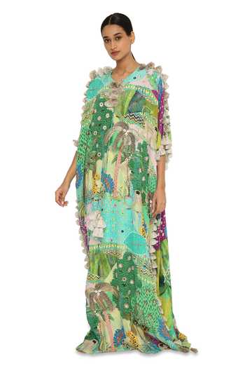 Payal Singhal_Green Crepe Animal Round Print Kaftan _Online_at_Aza_Fashions